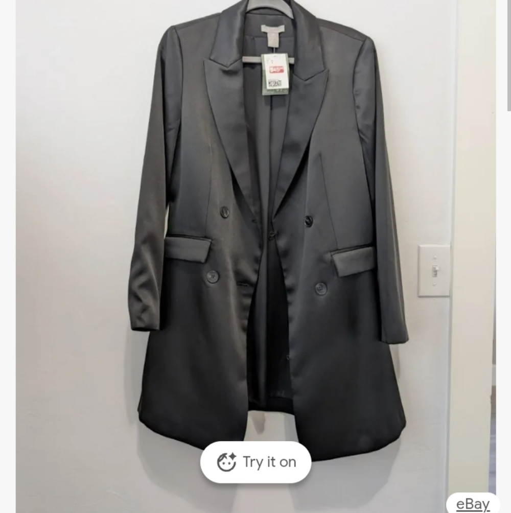 H Black Satin Double-Breasted Mini Dress Coat